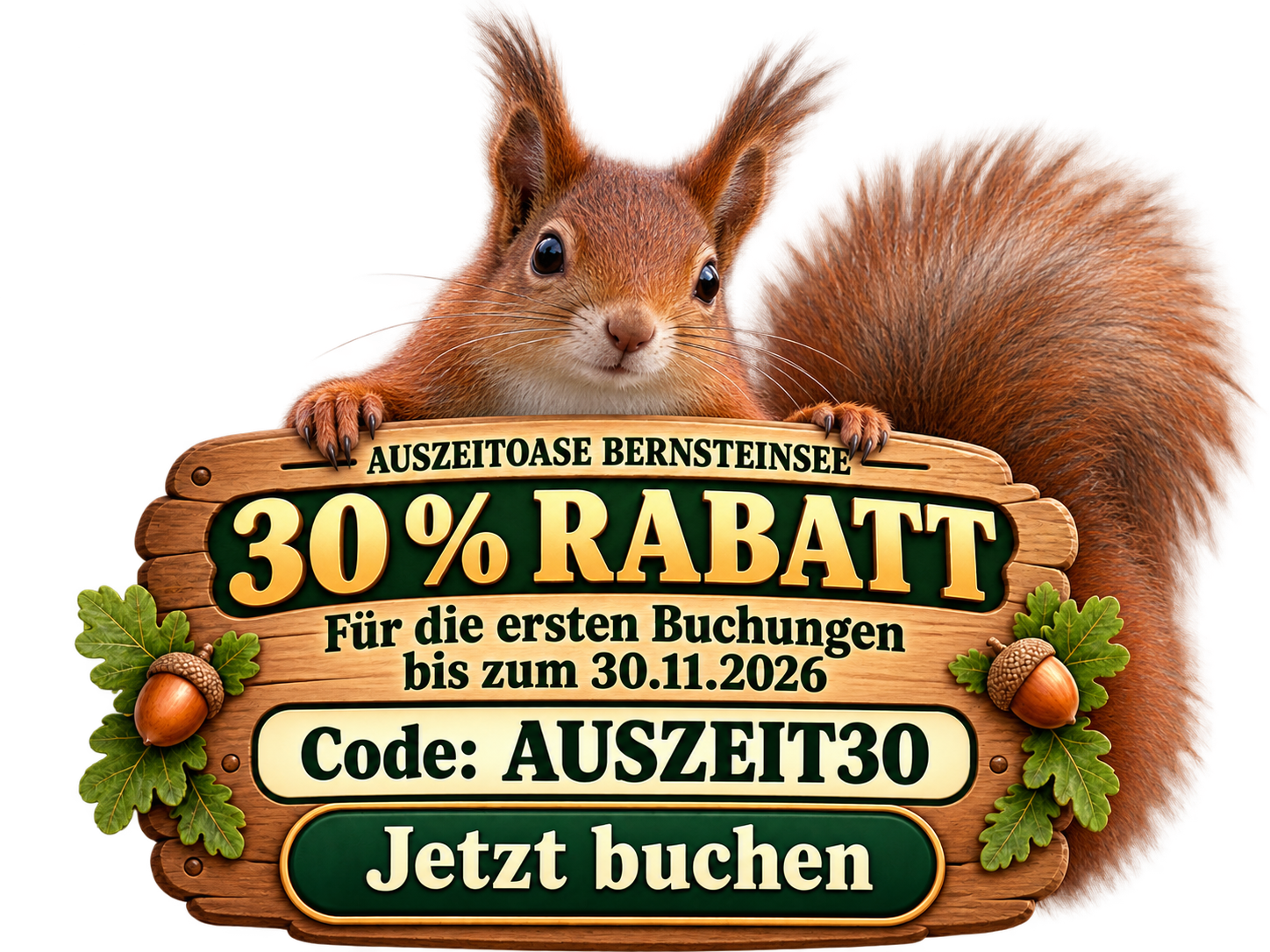 Jetzt buchen: 30 % Rabatt für die ersten Buchungen bis zum 30.11.2026 mit dem Code AUSZEIT30. Eichhörnchen mit Angebotsschild der Auszeitoase Bernsteinsee.