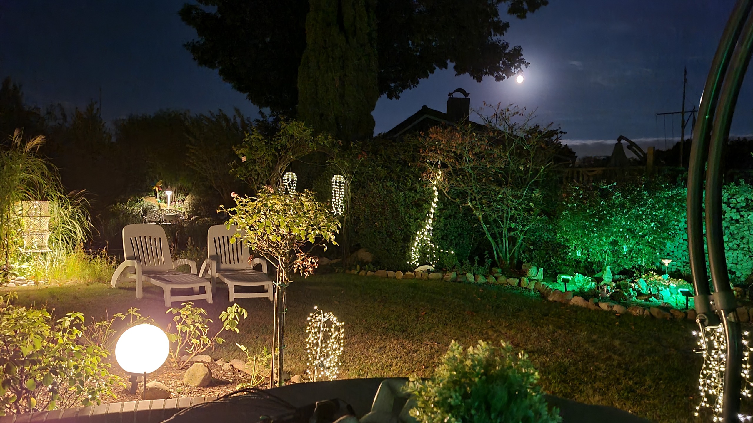 Stimmungsvoll beleuchteter Garten im Mondlicht