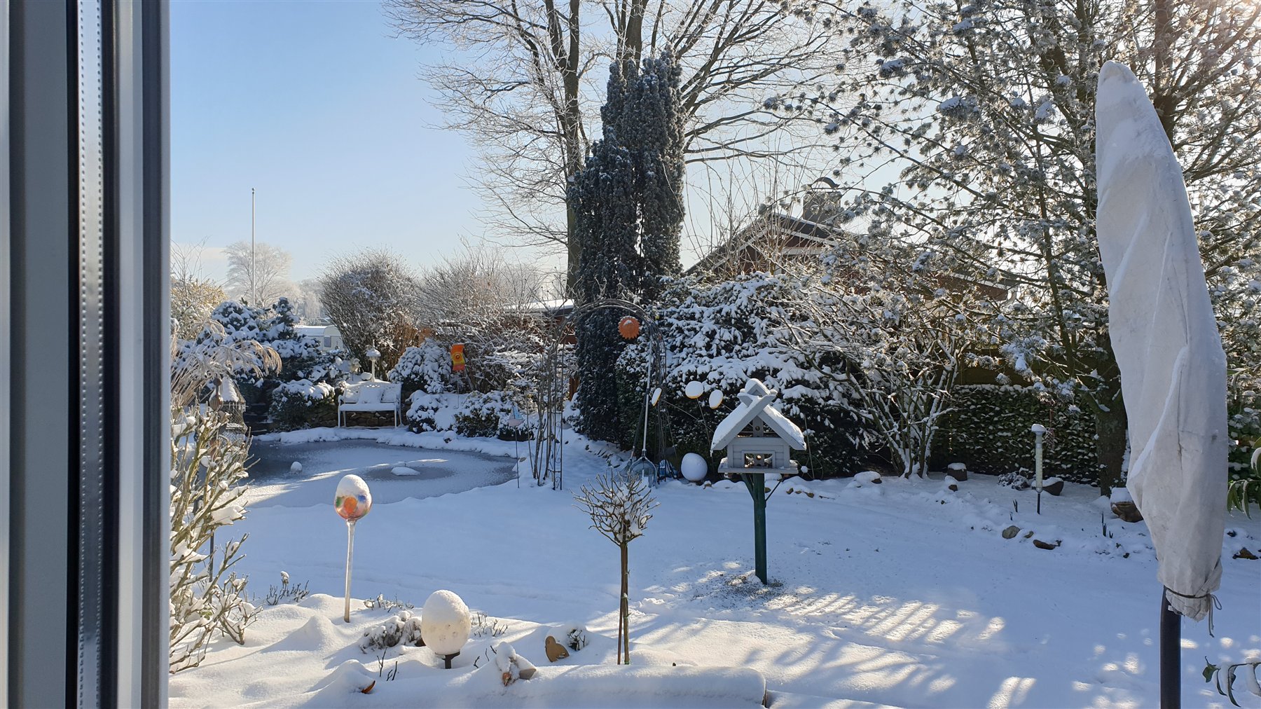 Verschneiter Garten an einem Wintermorgen
