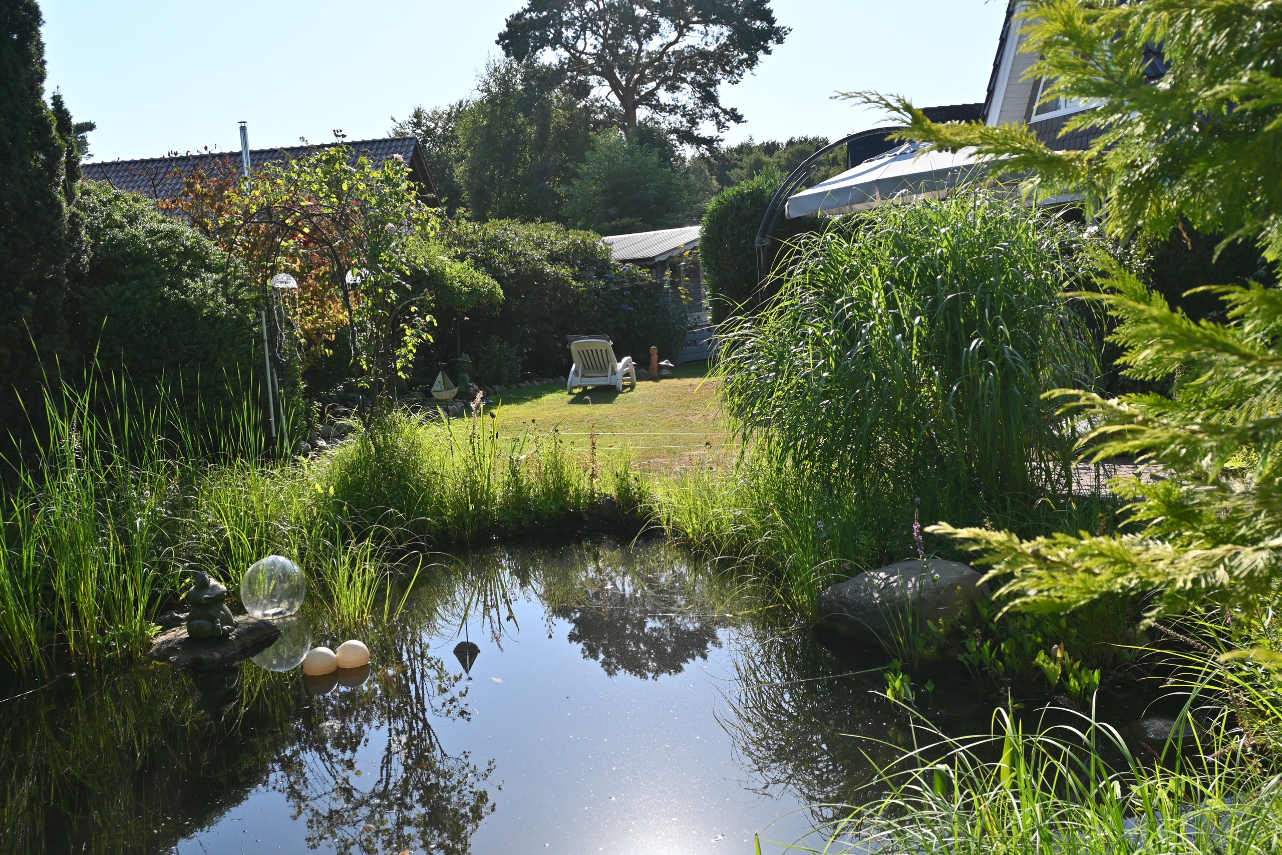 Sonniger Gartenteich mit Pavillon und üppigem Grün