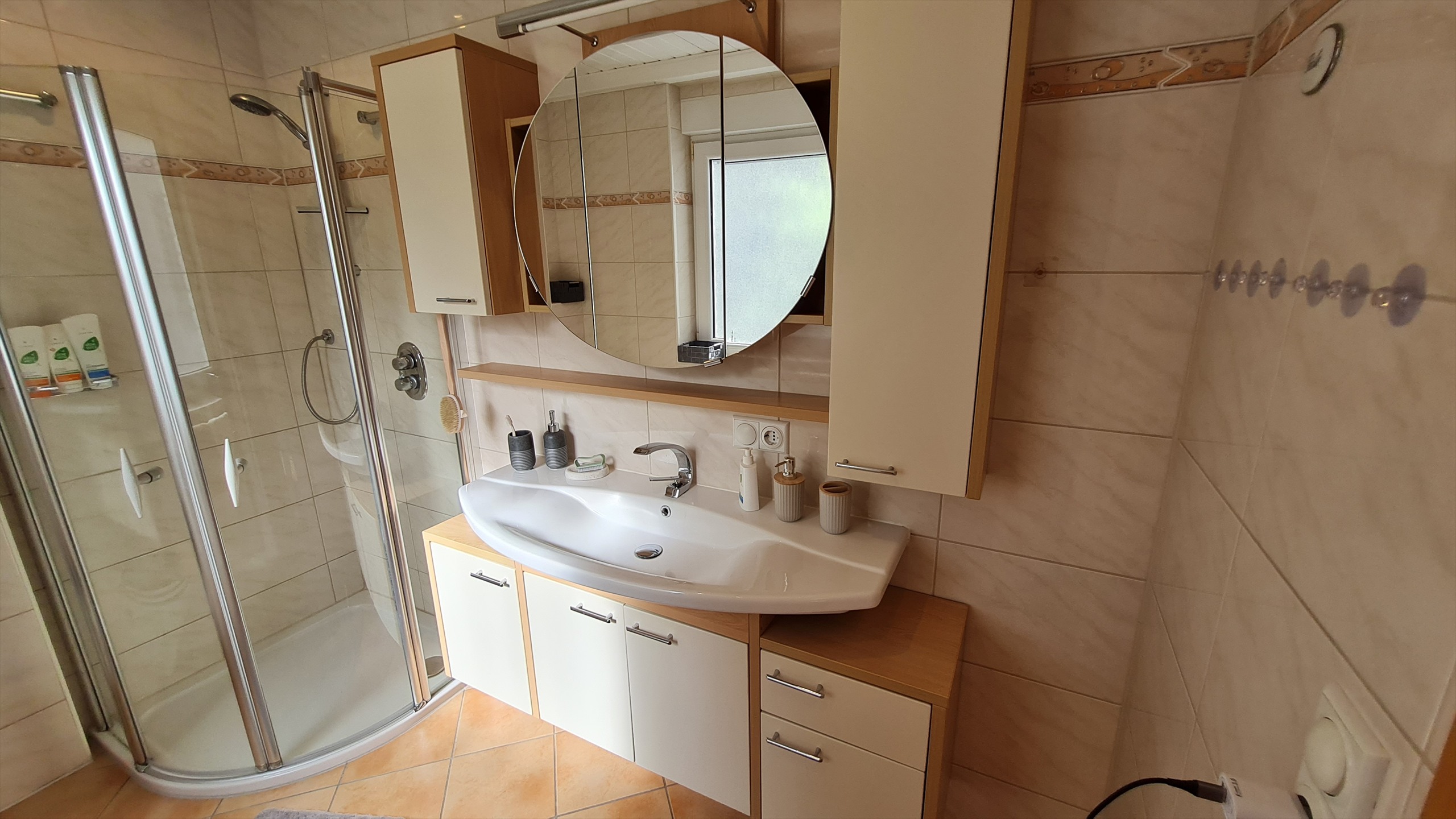 Tageslichtbad mit Dusche und großem Spiegel