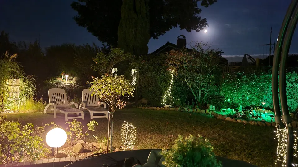 Stimmungsvoll beleuchteter Garten im Mondlicht